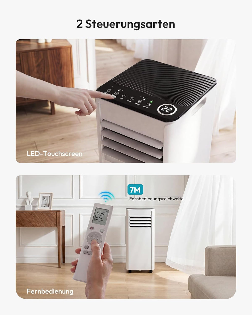 Mobile Klimaanlage 9000 BTU mit Abluftschlauch | 4-in-1 Mobiles Klimagerät | Leiser Betrieb | Digitaldisplay + Fernbedienung | Fenster-Installationsset | 24h-Timer | Für Räume bis 25 m²