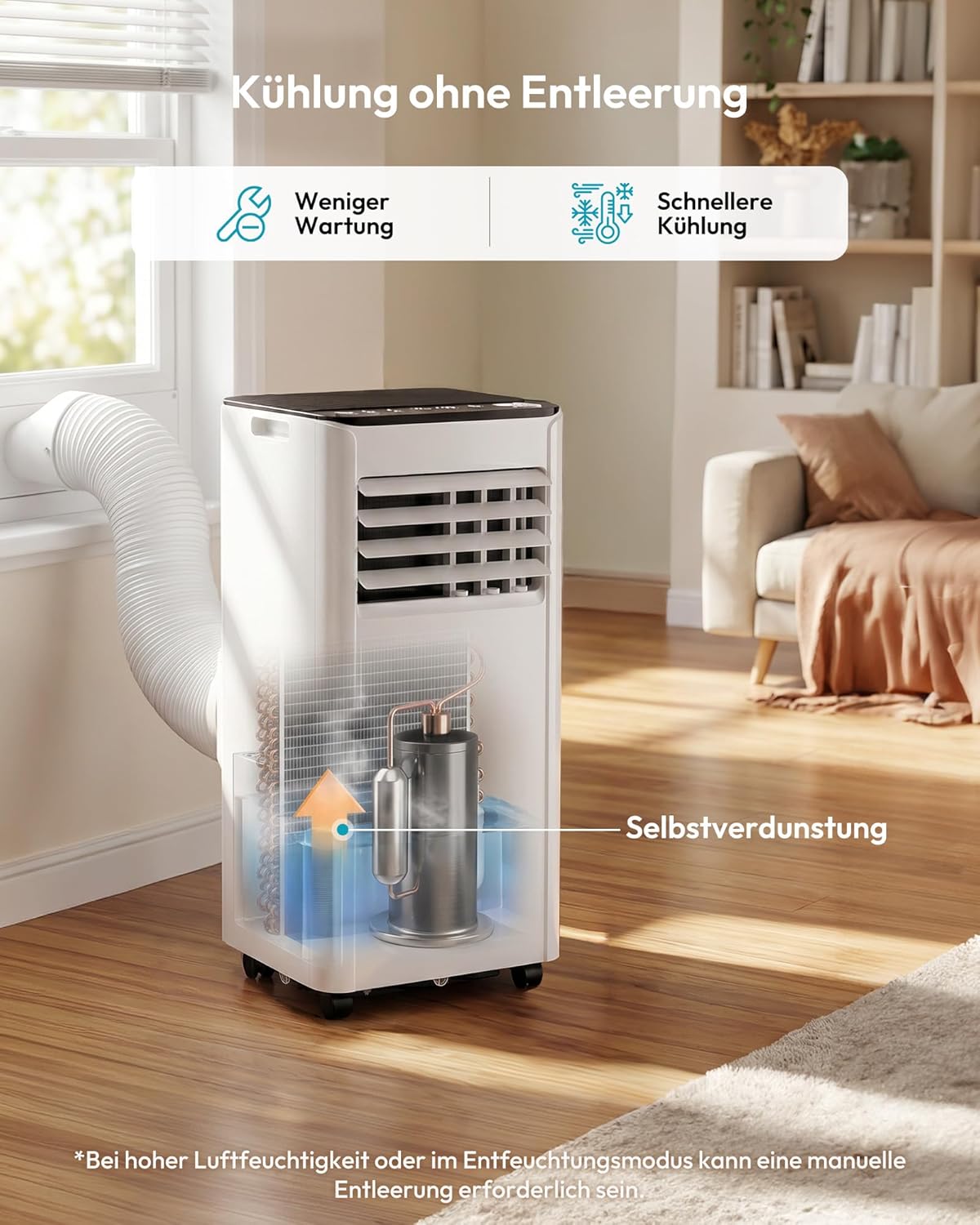 Mobile Klimaanlage 9000 BTU mit Abluftschlauch | 4-in-1 Mobiles Klimagerät | Leiser Betrieb | Digitaldisplay + Fernbedienung | Fenster-Installationsset | 24h-Timer | Für Räume bis 25 m²