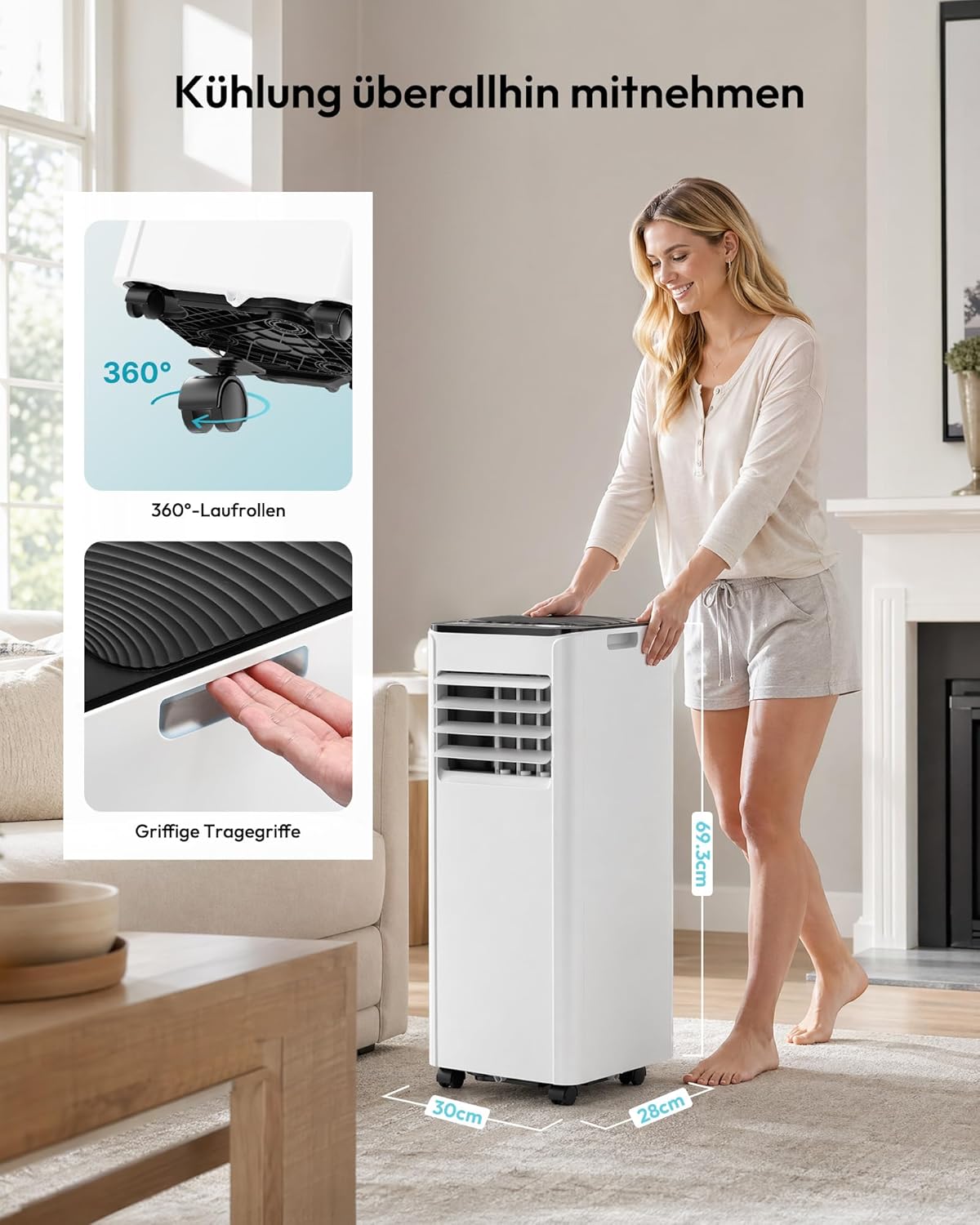 Mobile Klimaanlage 9000 BTU mit Abluftschlauch | 4-in-1 Mobiles Klimagerät | Leiser Betrieb | Digitaldisplay + Fernbedienung | Fenster-Installationsset | 24h-Timer | Für Räume bis 25 m²